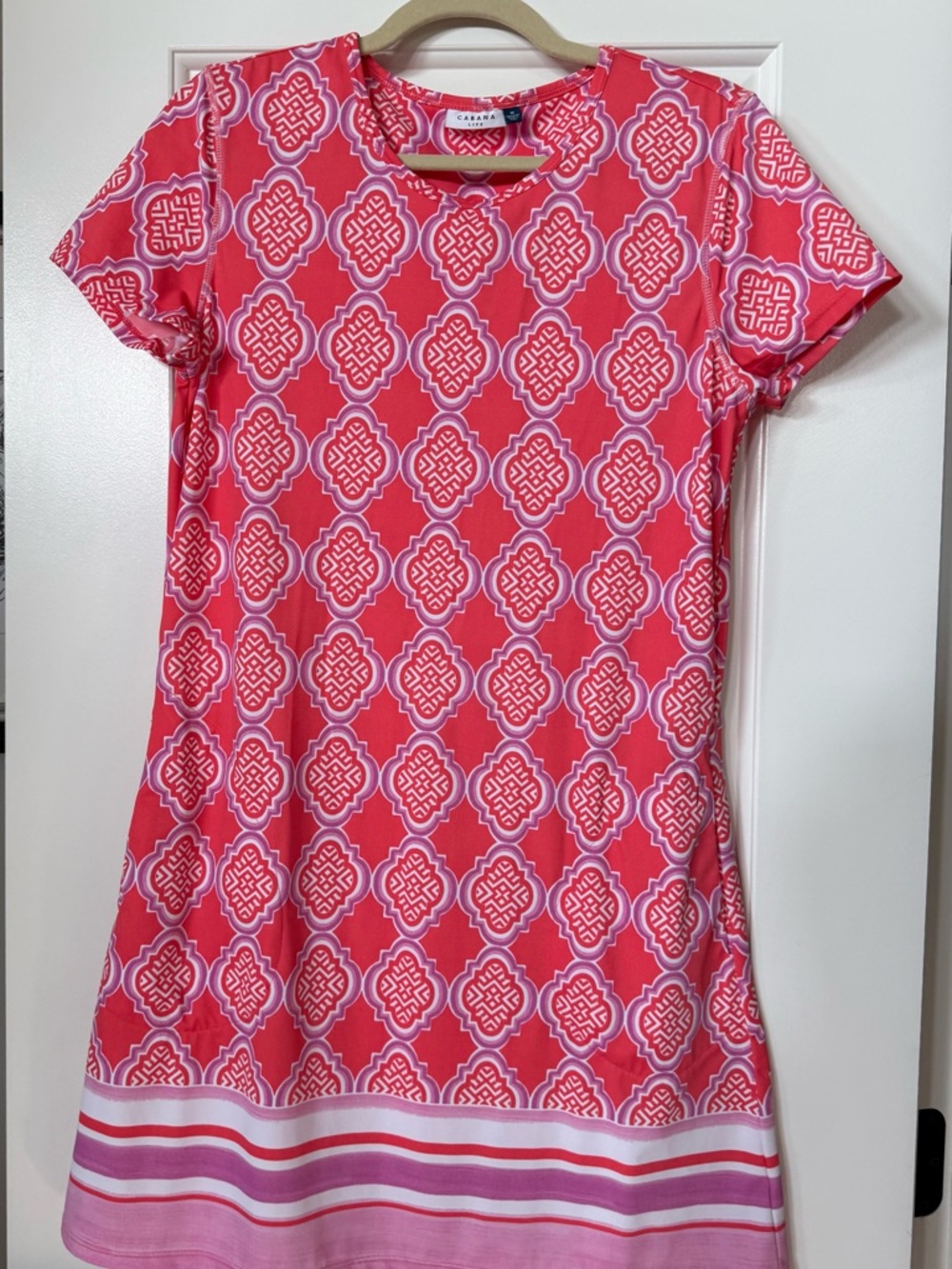 Cabana Life Coral and Pink Geometric Shift dress / swim cover up M like new